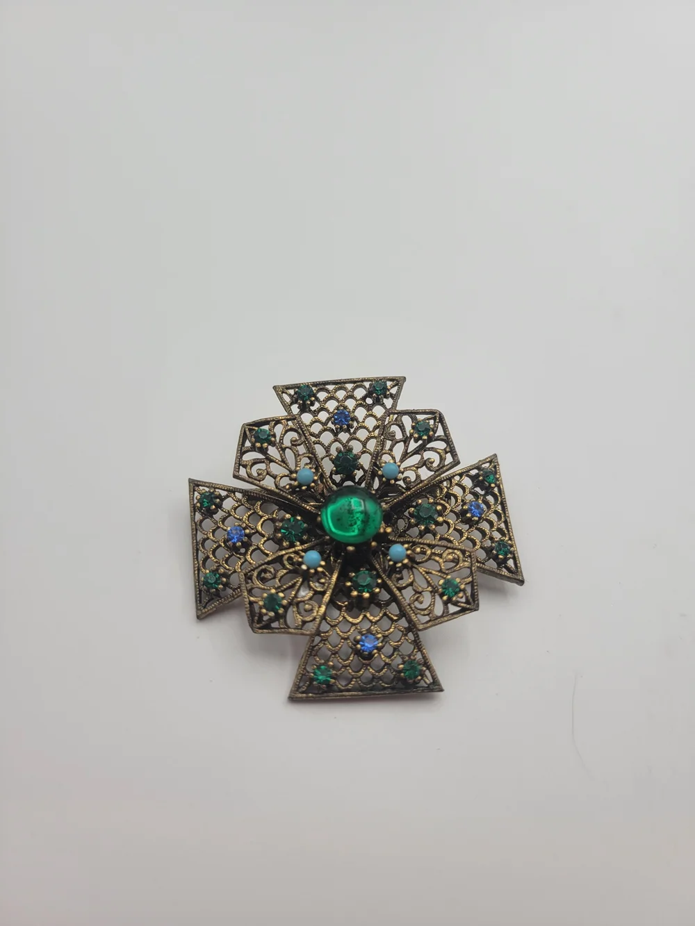 Vintage-Inspired JJ Green and Blue Filigree Cross Brooch